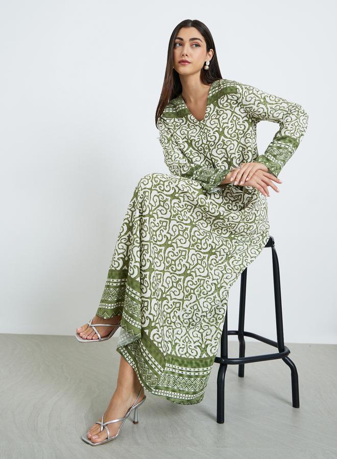 Amirah Green Printed Long Sleeve A-Line Jalabiya - Image 1