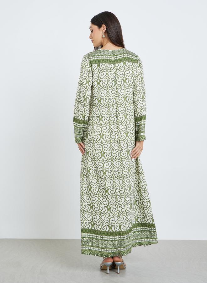 Amirah Green Printed Long Sleeve A-Line Jalabiya - Image 5