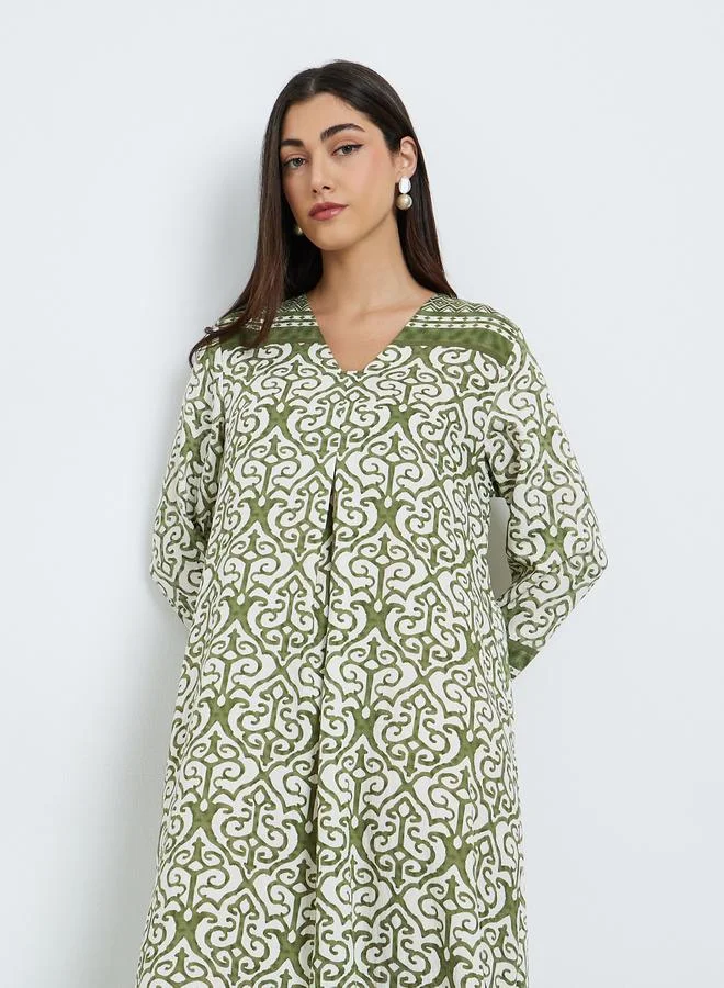 Amirah Green Printed Long Sleeve A-Line Jalabiya