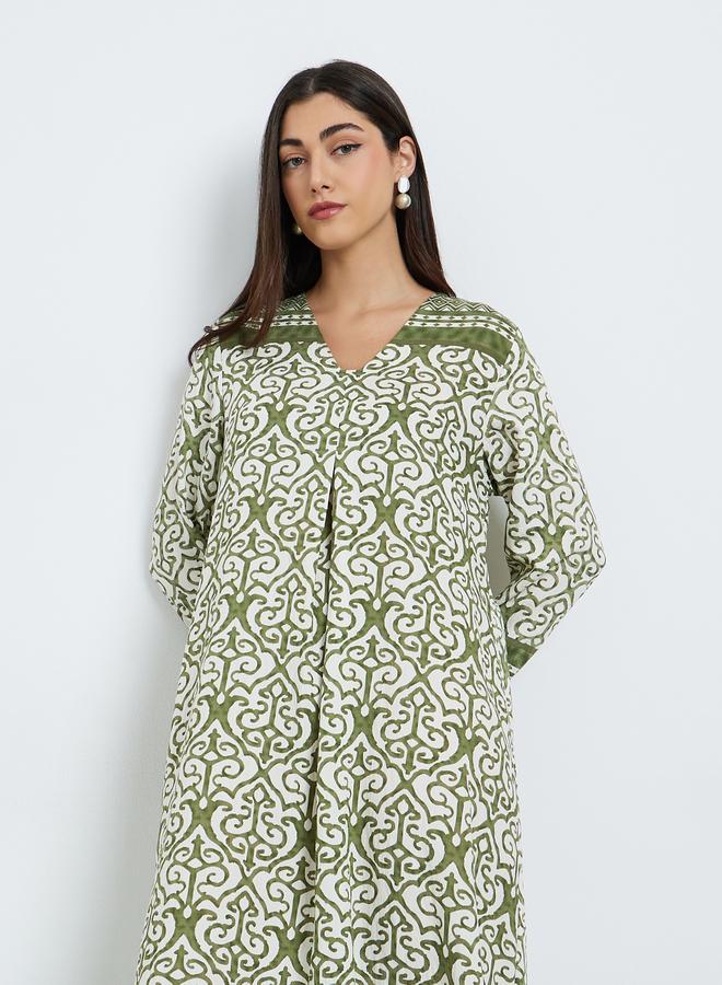 Amirah Green Printed Long Sleeve A-Line Jalabiya - Image 2