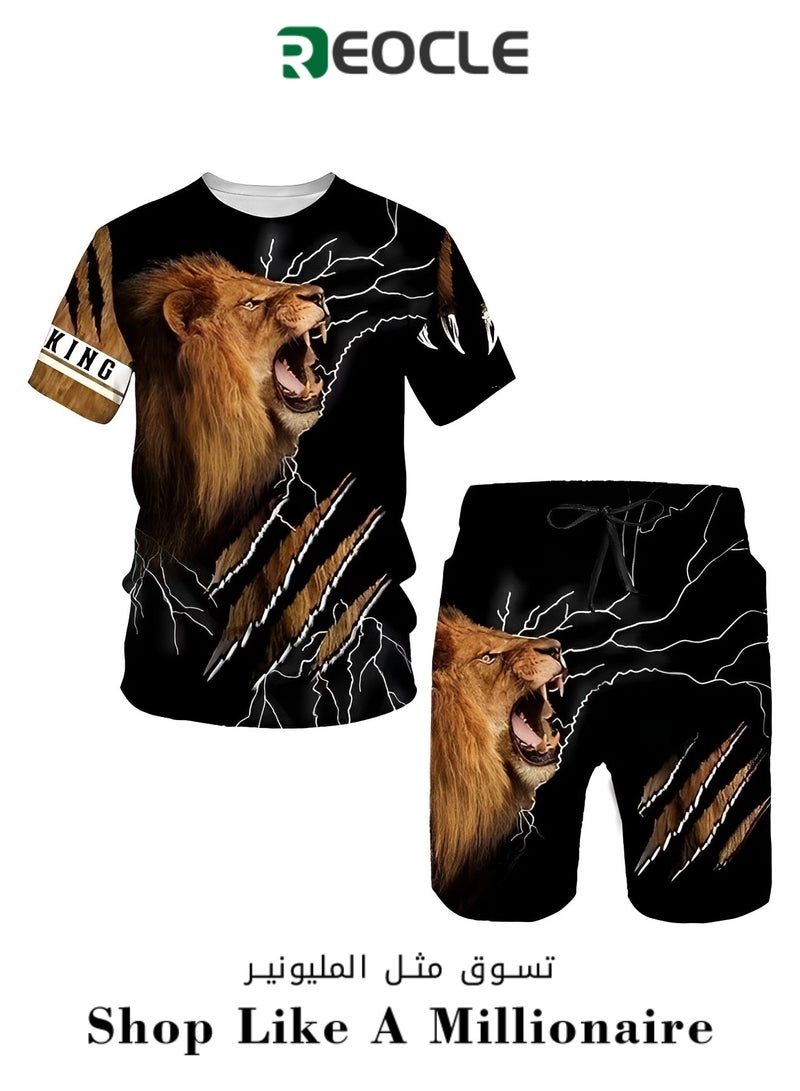 REOCLE Fashionable 3D Lion Print Men's Sportswear 2-piece Summer Suit New Style T-shirt Shorts - Image 1