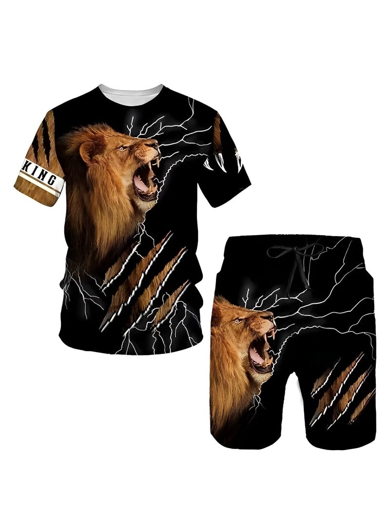 REOCLE Fashionable 3D Lion Print Men's Sportswear 2-piece Summer Suit New Style T-shirt Shorts - Image 2