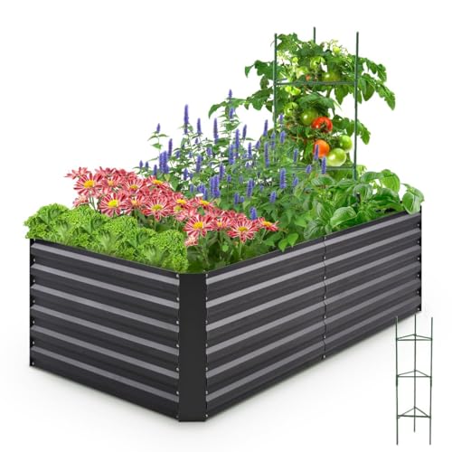 Quictent Quictent Galvanized Raised Garden Bed 6x3x2 Ft Metal Planter Box Bottomless for Backyard Outdoor Include 1 pc Tomato Cage Dark Gray 