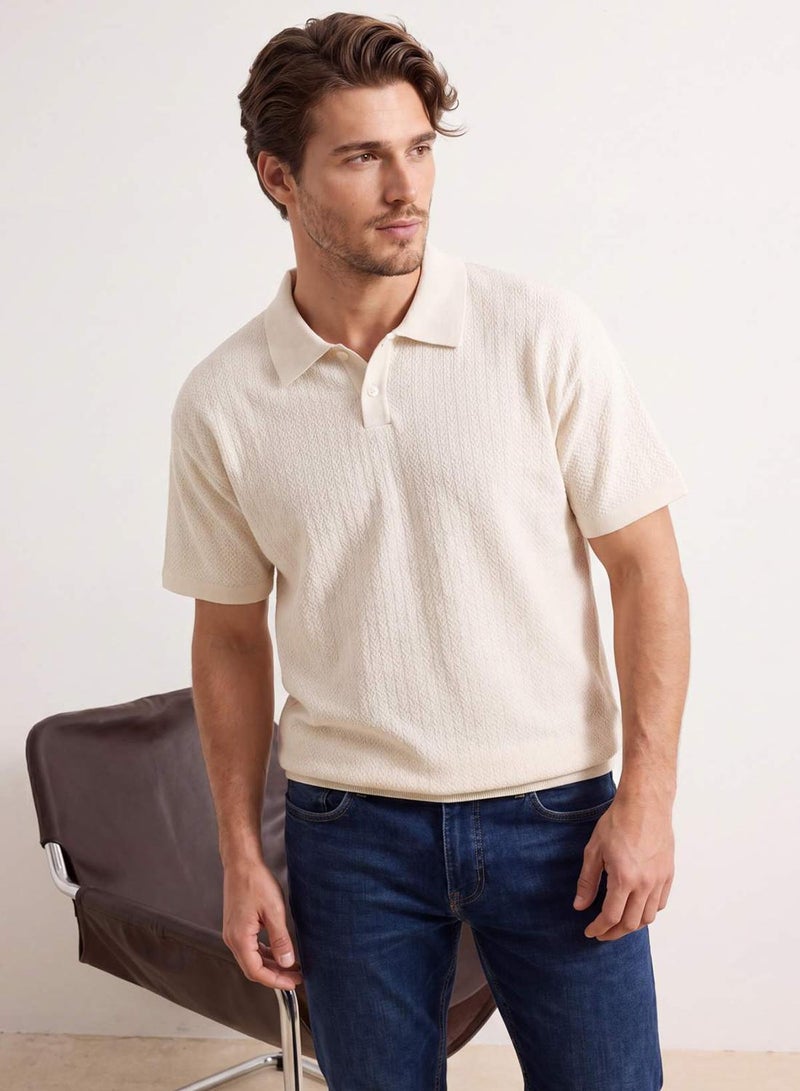 trendyol Ecru Oversized /Wide Cut Textured Polo Neck T-Shirt - Image 3