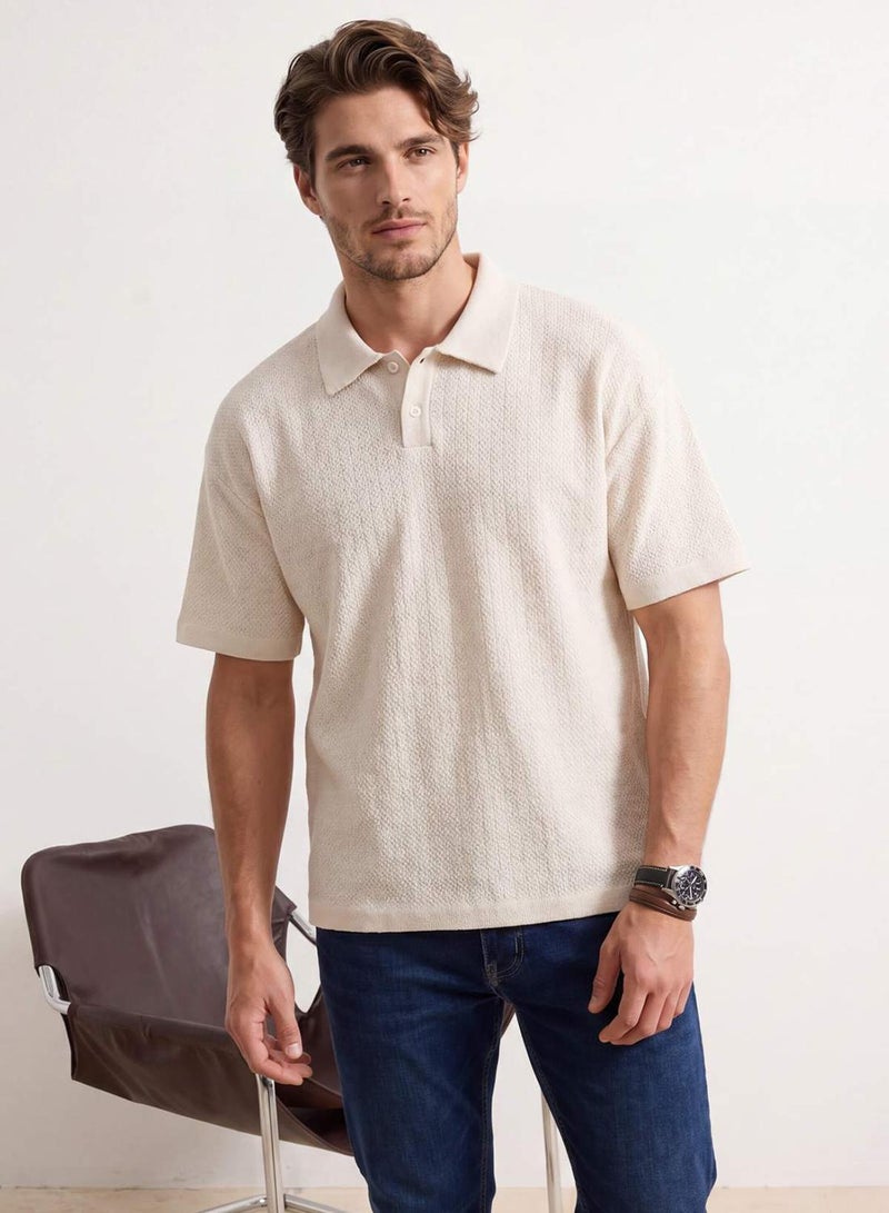 trendyol Ecru Oversized /Wide Cut Textured Polo Neck T-Shirt - Image 2