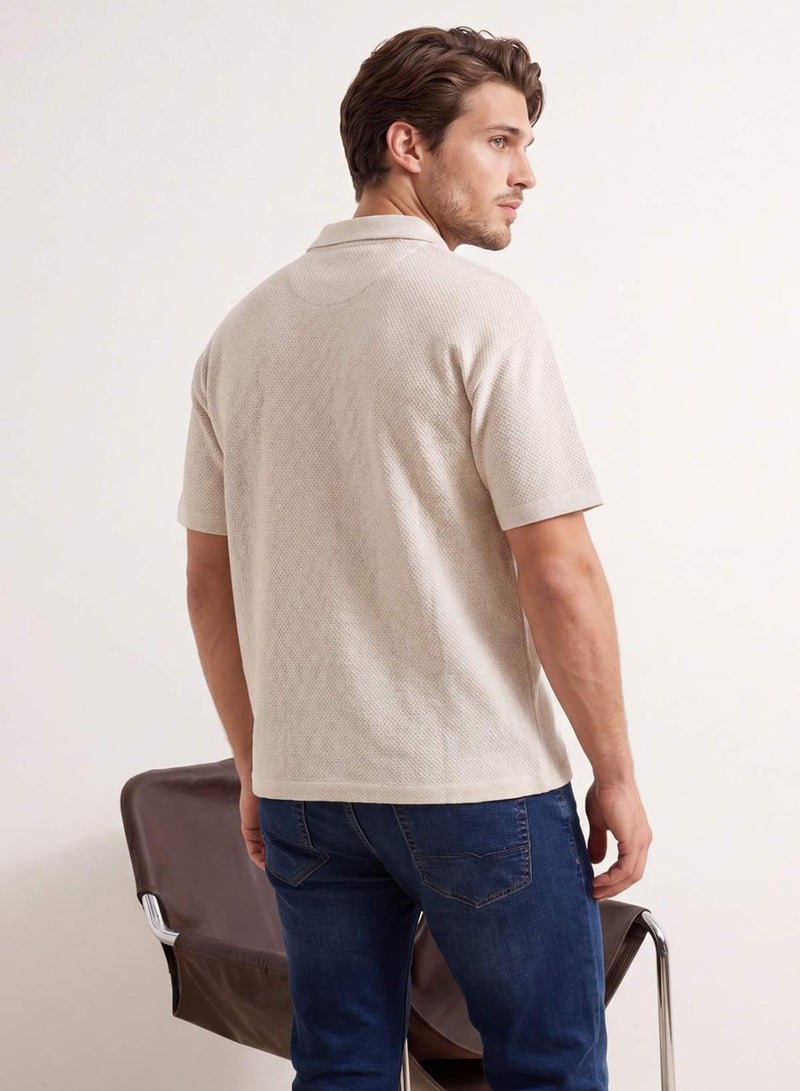 trendyol Ecru Oversized /Wide Cut Textured Polo Neck T-Shirt - Image 4