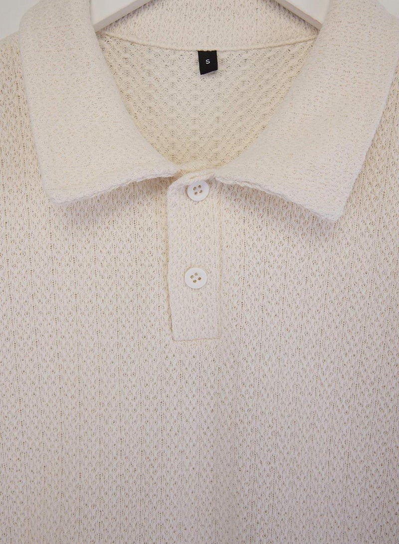 trendyol Ecru Oversized /Wide Cut Textured Polo Neck T-Shirt - Image 5