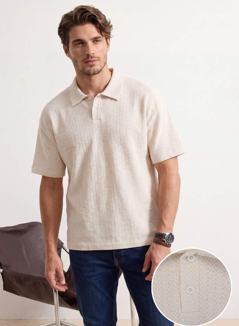 trendyol Ecru Oversized /Wide Cut Textured Polo Neck T-Shirt - Image 1