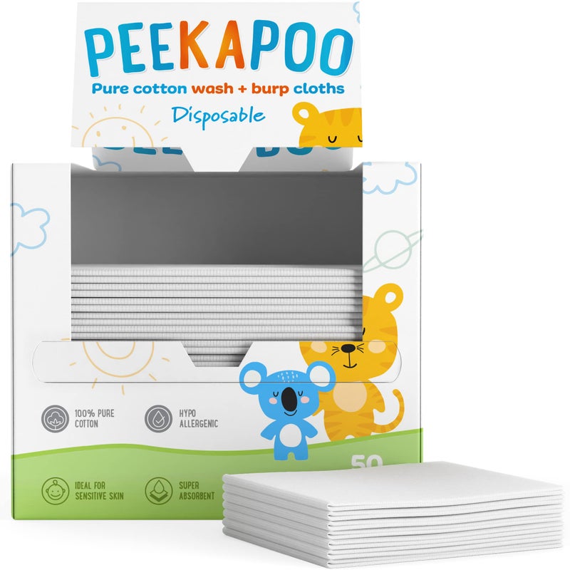 Peekapoo - Disposable Cotton Wash Cloths (50 Pack), Biodegradable, Soft, Thick, Baby Burp Cloths, Unscented, Hypoallergenic Burping Cloth, Sensitive Skin - Image 1