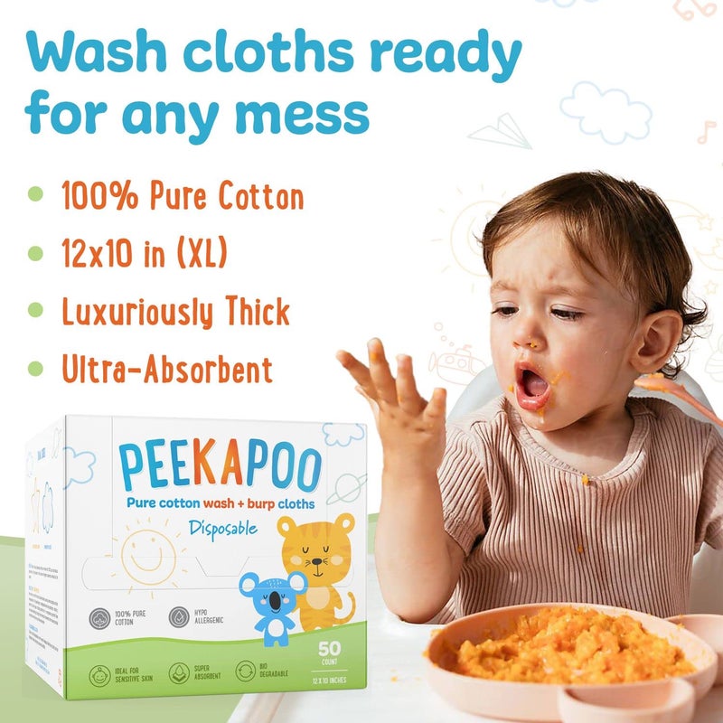 Peekapoo - Disposable Cotton Wash Cloths (50 Pack), Biodegradable, Soft, Thick, Baby Burp Cloths, Unscented, Hypoallergenic Burping Cloth, Sensitive Skin - Image 3