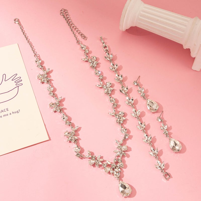 Paxuan Bridal Wedding Elegant Floral Jewelry Set for Women/Brides/Bridesmaids Crystal Jewelry Set for Wedding Prom Party Bridal Crystal Necklace Earrings Bracelet Set (White (Silver)) - Image 5
