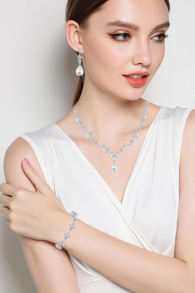 Paxuan Bridal Wedding Elegant Floral Jewelry Set for Women/Brides/Bridesmaids Crystal Jewelry Set for Wedding Prom Party Bridal Crystal Necklace Earrings Bracelet Set (White (Silver)) - Image 4