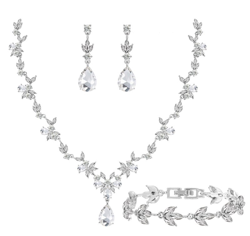 Paxuan Bridal Wedding Elegant Floral Jewelry Set for Women/Brides/Bridesmaids Crystal Jewelry Set for Wedding Prom Party Bridal Crystal Necklace Earrings Bracelet Set (White (Silver)) - Image 1