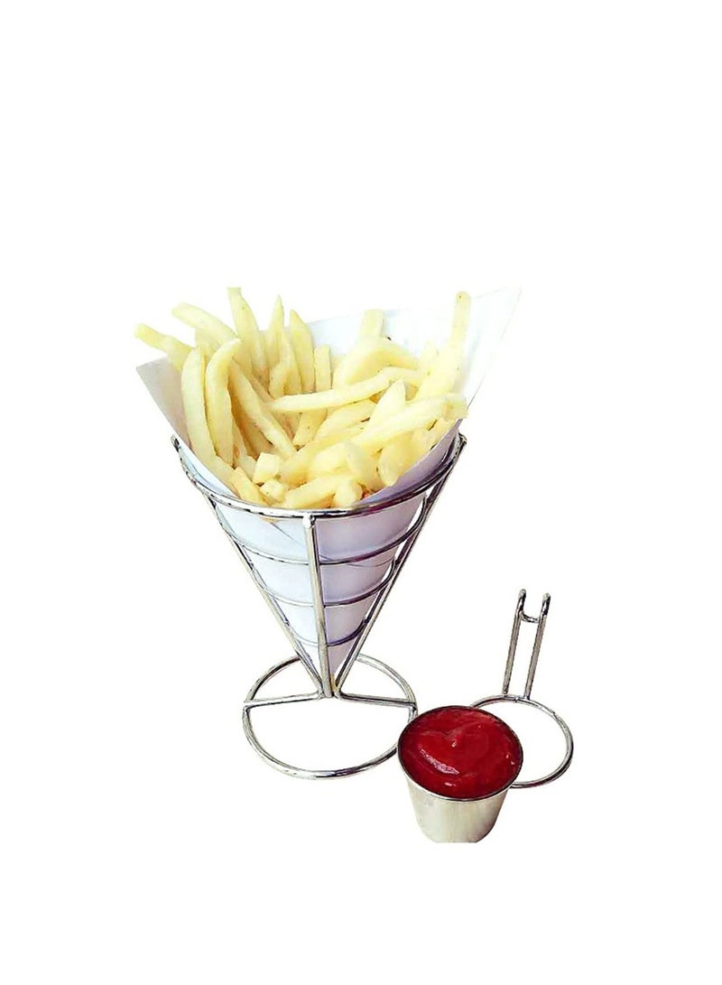 Excefore French Fry Serving Stands, with Double Sauce Holders Stainless Steel Fry Cone Basket Fish Chips Holder Restaurant Cafe Table Food Serving Display Wire Stands for Kitchen Restaurant Buffet (2 Pieces)  - Image 4
