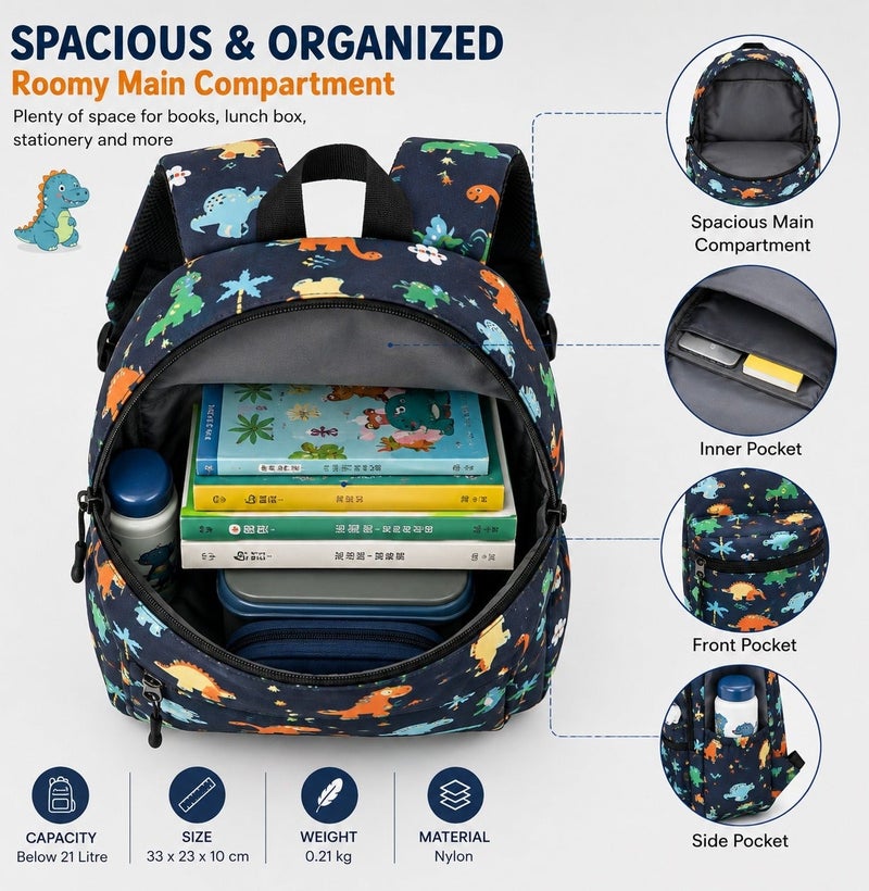 Dinosaur Backpack for Kids Boys Girls, Lightweight Waterproof School Bag for Preschool Kindergarten, Cute Cartoon Dinosaur Bookbag with Zipper Compartment, Unisex Backpack for School & Daily Use - Image 3