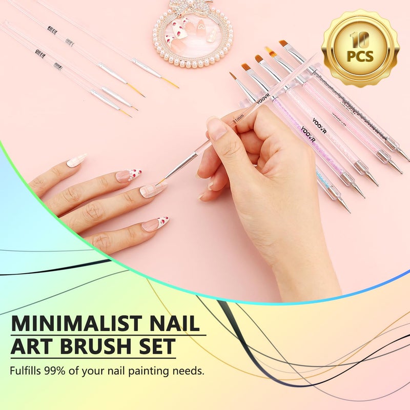 YOOVR Nail Art Brushes and Dotting Tools, 10pcs Nail Art Design Tool Set, Nail Brushes for Nail Art, French Tip Brush, Liner Brush, Gel Polish & Builder Brush, Manicure Tools for Salon Use & Home DIY - Image 2