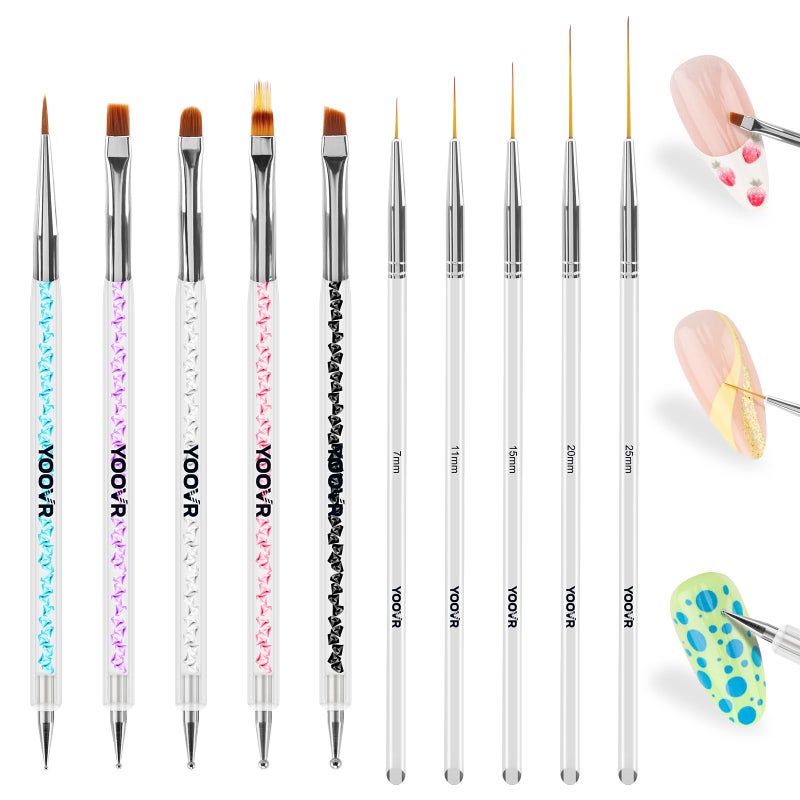 YOOVR Nail Art Brushes and Dotting Tools, 10pcs Nail Art Design Tool Set, Nail Brushes for Nail Art, French Tip Brush, Liner Brush, Gel Polish & Builder Brush, Manicure Tools for Salon Use & Home DIY - Image 1