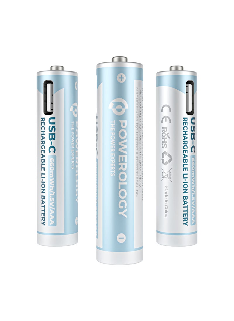 USB-C Rechargeable Lithium AAA Battery/ 4pc pack/1000+ Cycle Life/ 600mWh Battery Power/ 250mA Charging Current/ 400mAh Battery Capacity/40min Standard Charging Time