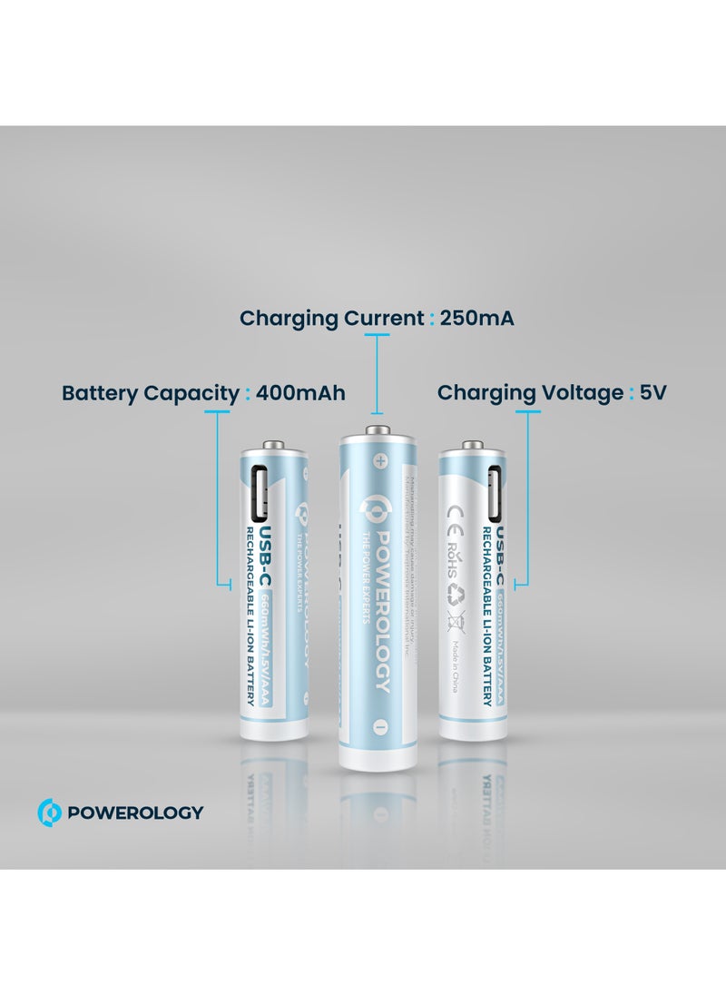 USB-C Rechargeable Lithium AAA Battery/ 4pc pack/1000+ Cycle Life/ 600mWh Battery Power/ 250mA Charging Current/ 400mAh Battery Capacity/40min Standard Charging Time