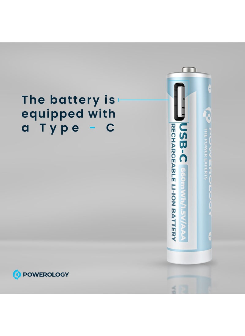 USB-C Rechargeable Lithium AAA Battery/ 4pc pack/1000+ Cycle Life/ 600mWh Battery Power/ 250mA Charging Current/ 400mAh Battery Capacity/40min Standard Charging Time