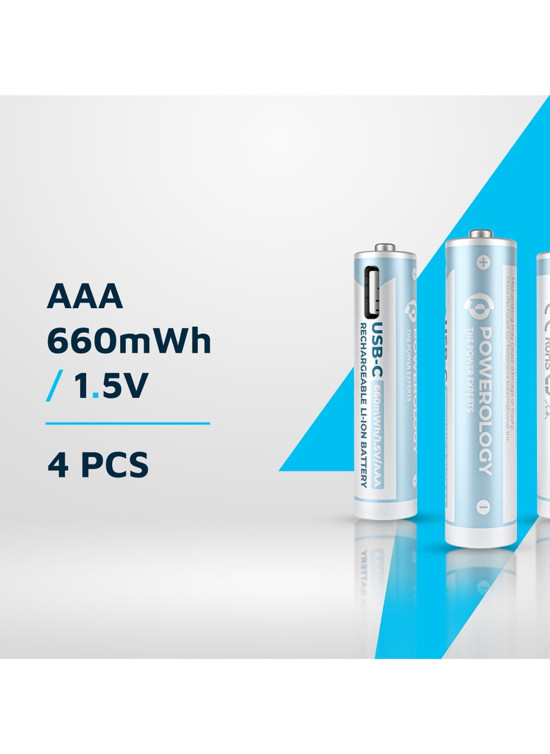 USB-C Rechargeable Lithium AAA Battery/ 4pc pack/1000+ Cycle Life/ 600mWh Battery Power/ 250mA Charging Current/ 400mAh Battery Capacity/40min Standard Charging Time