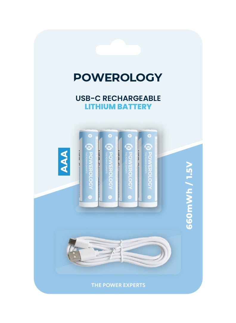 USB-C Rechargeable Lithium AAA Battery/ 4pc pack/1000+ Cycle Life/ 600mWh Battery Power/ 250mA Charging Current/ 400mAh Battery Capacity/40min Standard Charging Time