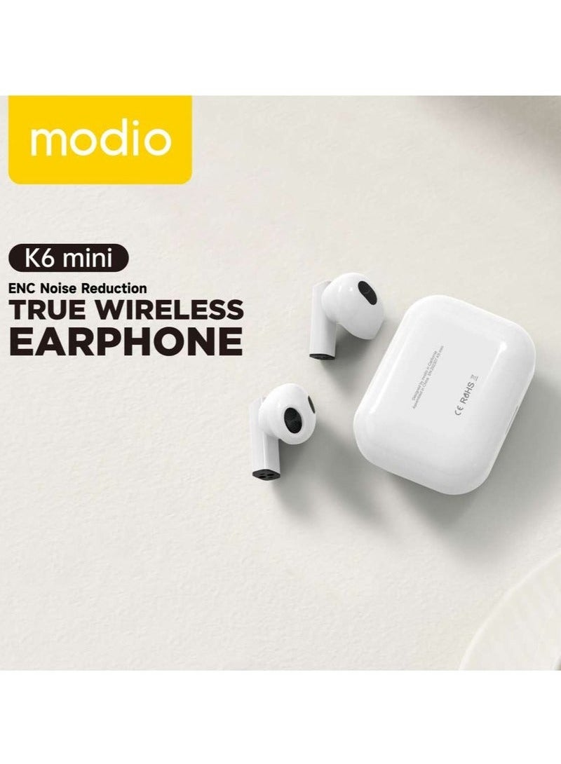 modio K6 Mini True Wireless Earphones – ENC Noise Reduction, Super Bass Sound Quality, HD Clear Microphone, Compatible with Android Mobiles & Tablets – White - Image 5