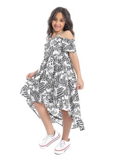 Andora Off-Shoulders Self Pattern Girls Dress_Black & White  - Image 2