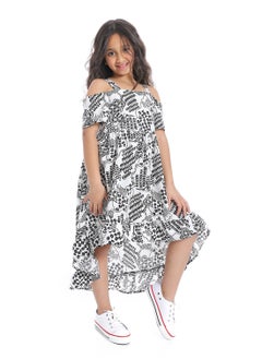 Andora Off-Shoulders Self Pattern Girls Dress_Black & White  - Image 3