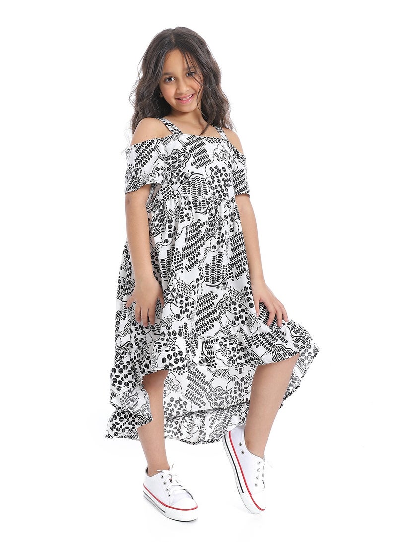 Andora Off-Shoulders Self Pattern Girls Dress_Black & White - Image 3