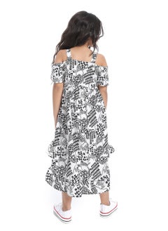 Andora Off-Shoulders Self Pattern Girls Dress_Black & White  - Image 4