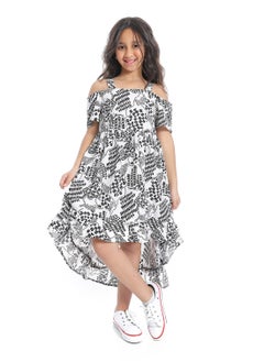 Andora Off-Shoulders Self Pattern Girls Dress_Black & White  - Image 1