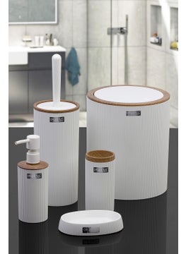 ‎okyanus Home Ocean Home Mina White Wooden Patterned Striped Round 5-Piece Bathroom Set  - Image 1