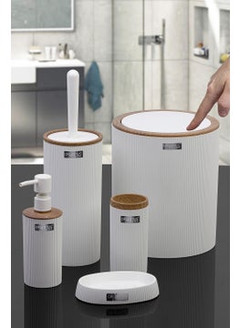‎okyanus Home Ocean Home Mina White Wooden Patterned Striped Round 5-Piece Bathroom Set  - Image 2