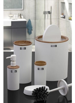 ‎okyanus Home Ocean Home Mina White Wooden Patterned Striped Round 5-Piece Bathroom Set  - Image 3