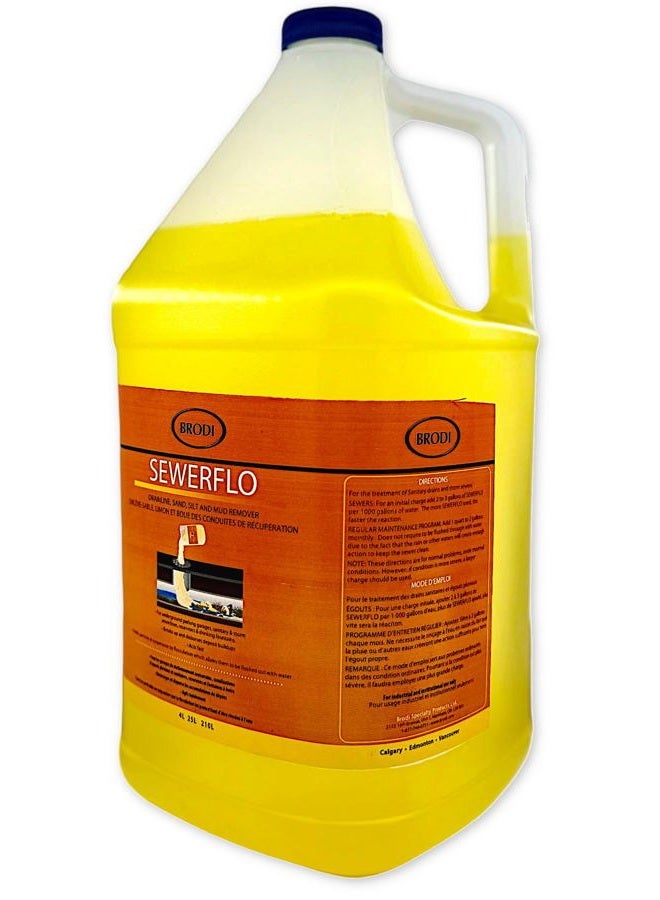 Brodi SewerFlo-Clear Sand, Silt and Mud from Catch Basins, Floor Drains. Penetrates settled caked-on sediment, makes particles buoyant so they can be washed out (1 Galon, 1, Count) - Image 1