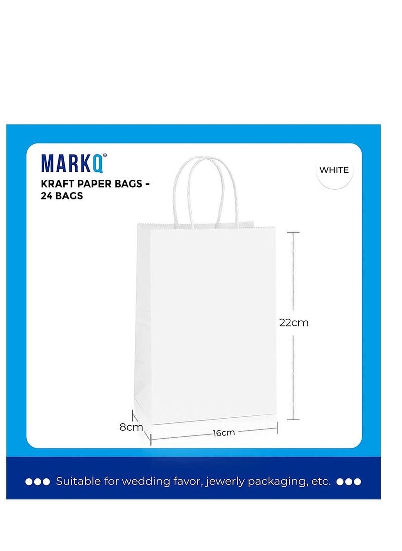 MARKQ [24 Bags] Kraft Paper bags with handles, 22 x 16 x 8 cm White Gift bags for Birthday Party Favors Weddings Restaurant takeouts Christmas  - Image 2