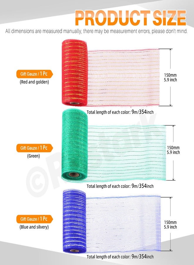 Rustark 3 Rolls Each 6 Inch x 10 Yards Deco Mesh Ribbon with Metallic Foil Red Blue Green Poly Mesh Ribbon for Wreath Christmas Tree Decoration Gift Wrap DIY Craft (15cm x 1.5m/Roll) - Image 2