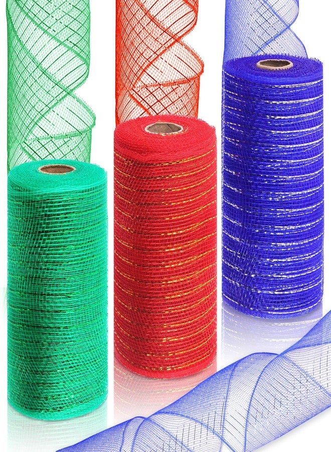Rustark 3 Rolls Each 6 Inch x 10 Yards Deco Mesh Ribbon with Metallic Foil Red Blue Green Poly Mesh Ribbon for Wreath Christmas Tree Decoration Gift Wrap DIY Craft (15cm x 1.5m/Roll) - Image 1