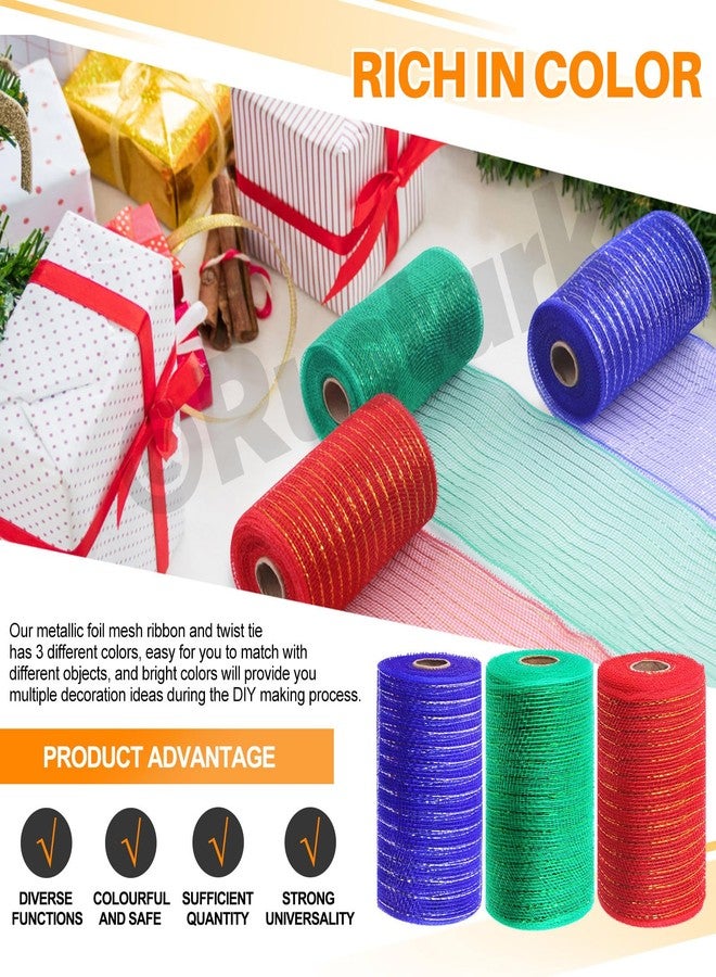 Rustark 3 Rolls Each 6 Inch x 10 Yards Deco Mesh Ribbon with Metallic Foil Red Blue Green Poly Mesh Ribbon for Wreath Christmas Tree Decoration Gift Wrap DIY Craft (15cm x 1.5m/Roll) - Image 5