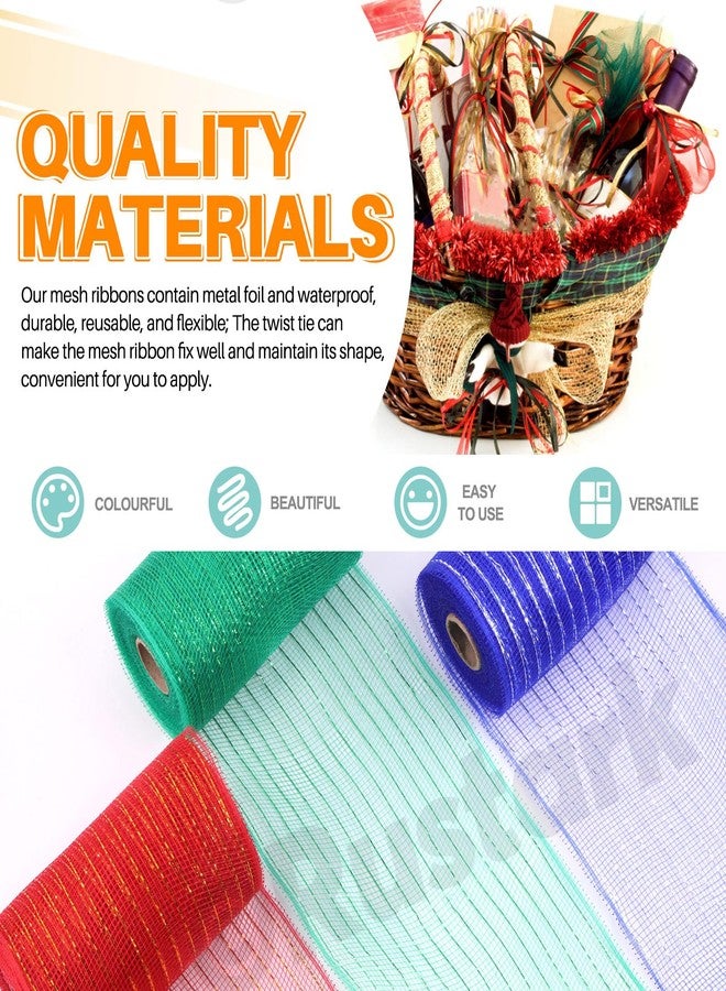 Rustark 3 Rolls Each 6 Inch x 10 Yards Deco Mesh Ribbon with Metallic Foil Red Blue Green Poly Mesh Ribbon for Wreath Christmas Tree Decoration Gift Wrap DIY Craft (15cm x 1.5m/Roll) - Image 3