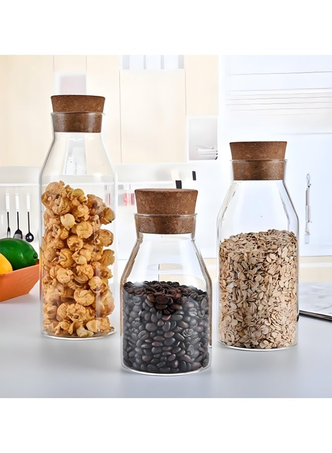 Glass Jars, Sealed Tank, Food Sealed Cans, Cork Stopper Bottle Caps, 3 Pack High Borosilicate Glass Storage Jars, Household Transparent Storage Jars, Food Storage Containers, Tea Cereal Food Kitchen Storage Sealed Jars(600ML+900ML+1200ML) - Image 1