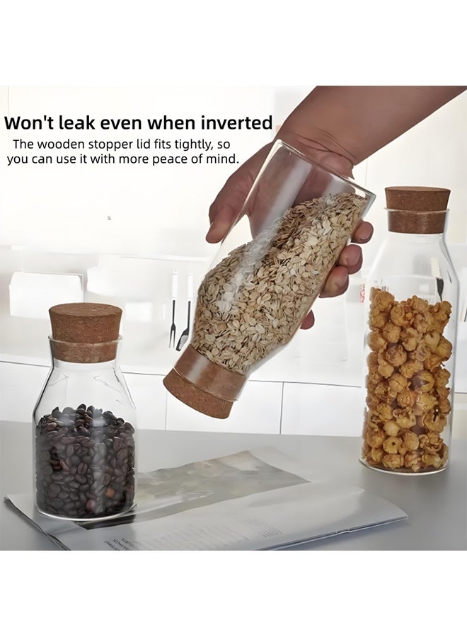 Glass Jars, Sealed Tank, Food Sealed Cans, Cork Stopper Bottle Caps, 3 Pack High Borosilicate Glass Storage Jars, Household Transparent Storage Jars, Food Storage Containers, Tea Cereal Food Kitchen Storage Sealed Jars(600ML+900ML+1200ML) - Image 2