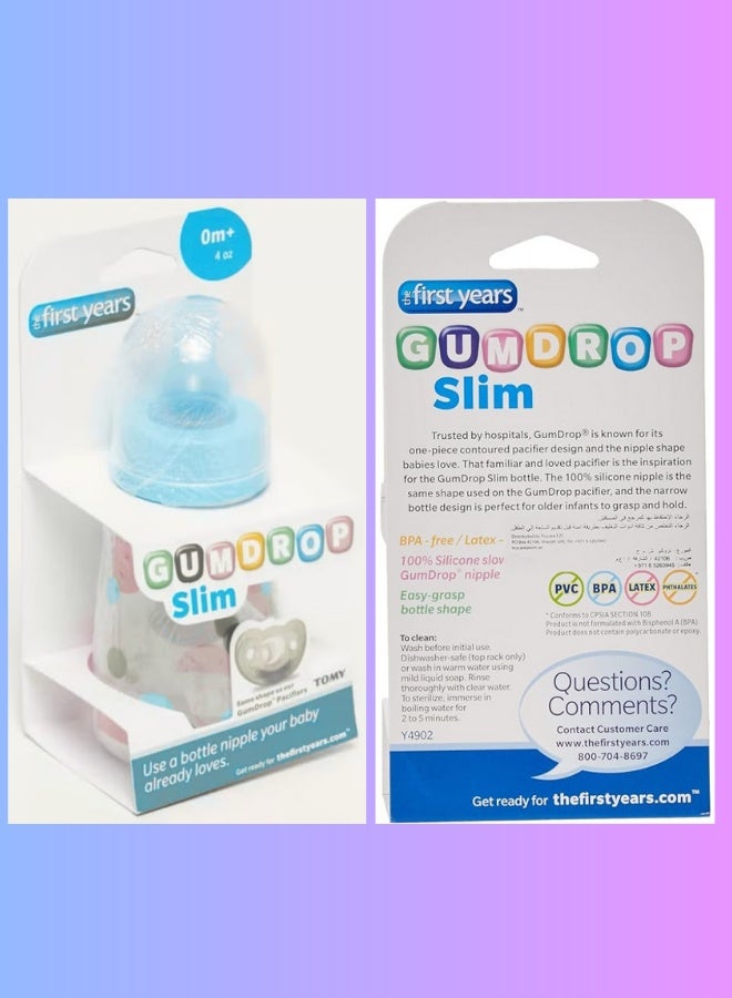 ذا فيرست ييرز زجاجات رضاعة GumDrop Slim، 4 أونصة، عبوة من 3 قطع - أزرق، وردي، ومتعدد الألوان - خالية من مادة BPA، تدفق بطيء - Image 3