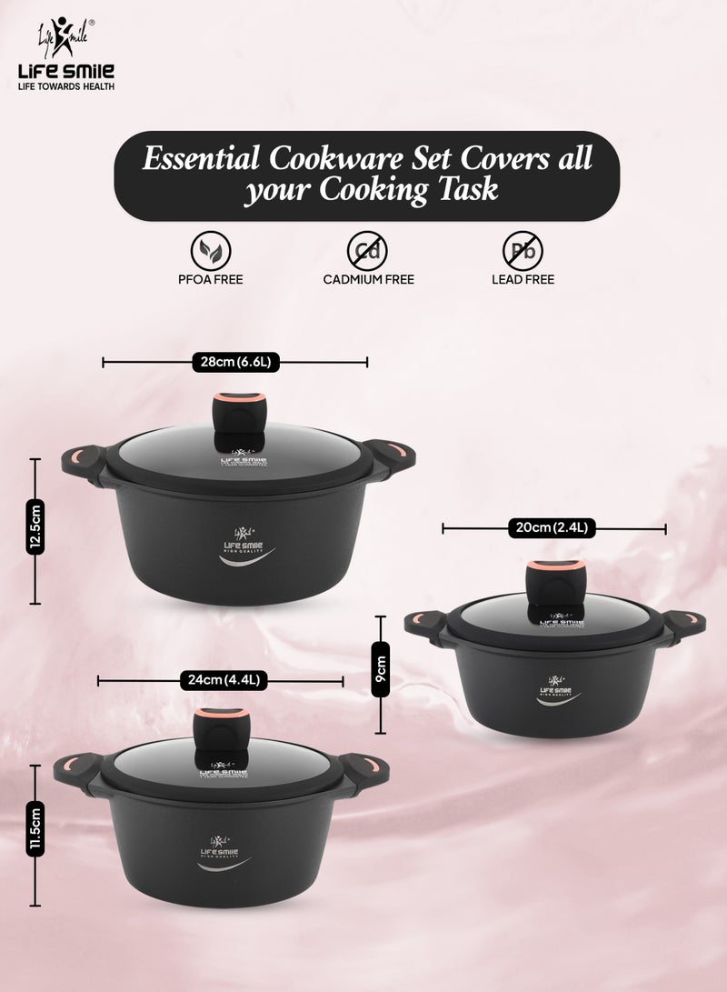 Life Smile 6Pcs Non-Stick Cookware Sets-Titanium Coating Cookwares, Cooking Set Non-Stick Includes 20/24/28cm Casserole with Lid,Oven Safe Aluminium Pots Set - Image 3