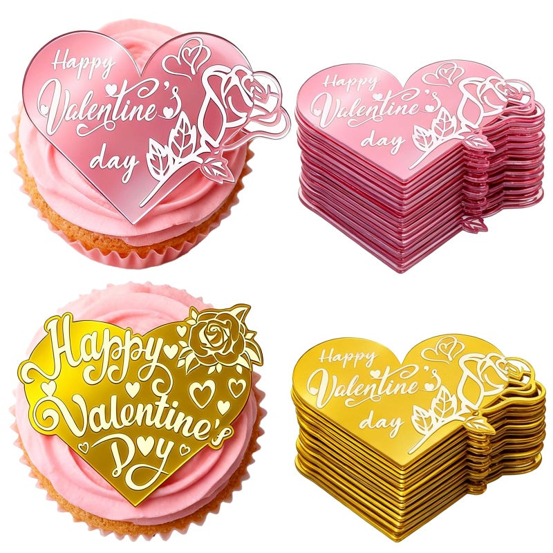 MUOUAKATE 40Pcs Happy Valentines Day Cake Topper Acrylic Heart Cupcake Toppers Rose Carving Mirror Valentine's Cake Decorations for Anniversary Party Supplies Gifts (2 Designs) - Image 1