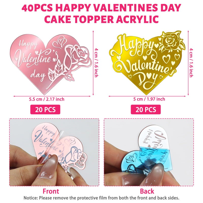 MUOUAKATE 40Pcs Happy Valentines Day Cake Topper Acrylic Heart Cupcake Toppers Rose Carving Mirror Valentine's Cake Decorations for Anniversary Party Supplies Gifts (2 Designs) - Image 2