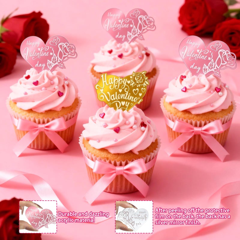 MUOUAKATE 40Pcs Happy Valentines Day Cake Topper Acrylic Heart Cupcake Toppers Rose Carving Mirror Valentine's Cake Decorations for Anniversary Party Supplies Gifts (2 Designs) - Image 3
