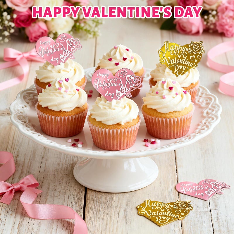 MUOUAKATE 40Pcs Happy Valentines Day Cake Topper Acrylic Heart Cupcake Toppers Rose Carving Mirror Valentine's Cake Decorations for Anniversary Party Supplies Gifts (2 Designs) - Image 4