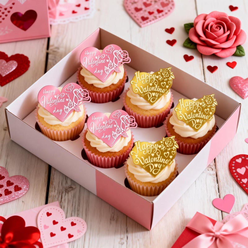 MUOUAKATE 40Pcs Happy Valentines Day Cake Topper Acrylic Heart Cupcake Toppers Rose Carving Mirror Valentine's Cake Decorations for Anniversary Party Supplies Gifts (2 Designs) - Image 5